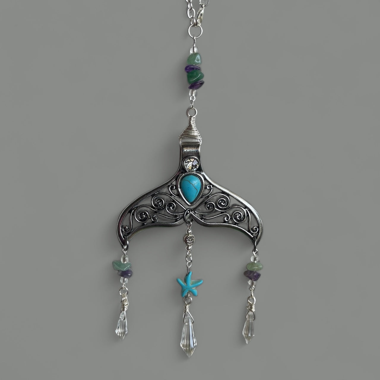 Whale Rear View Mirror Car Charm ~ Turquoise, Amethyst & Aventurine