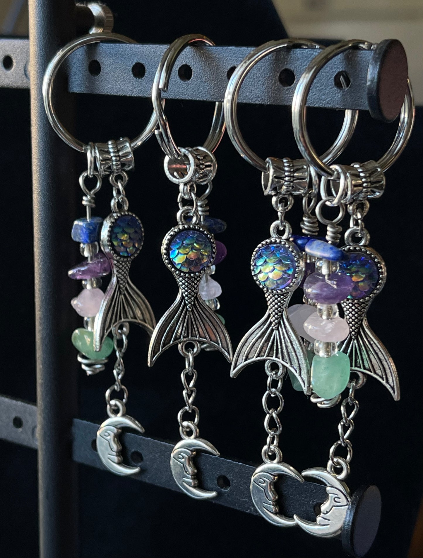 Mermaid Tail and Moon with Crystal Chip Beads Keychain