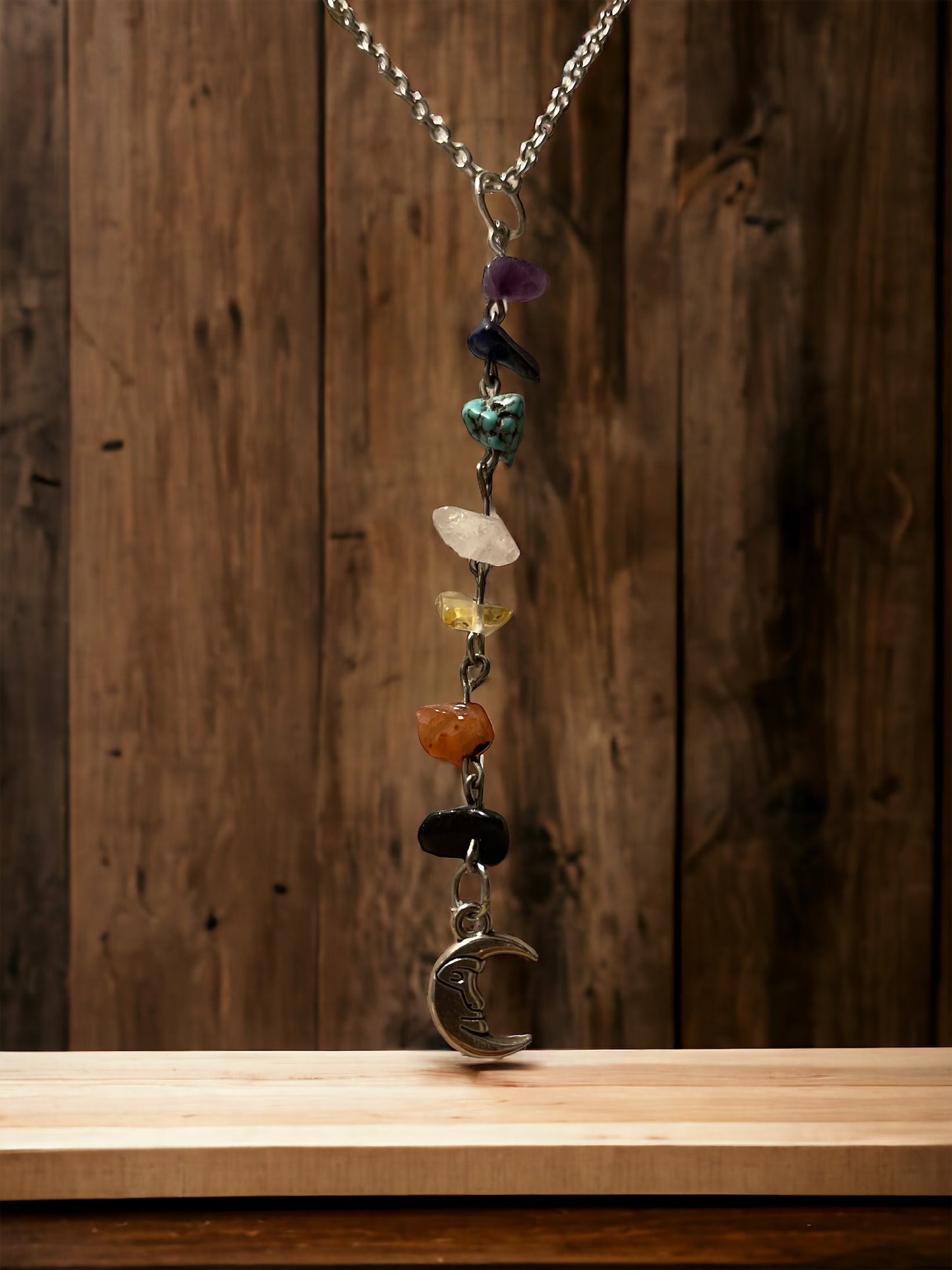 Vertical Chakra Chip Bead Moon Pendant