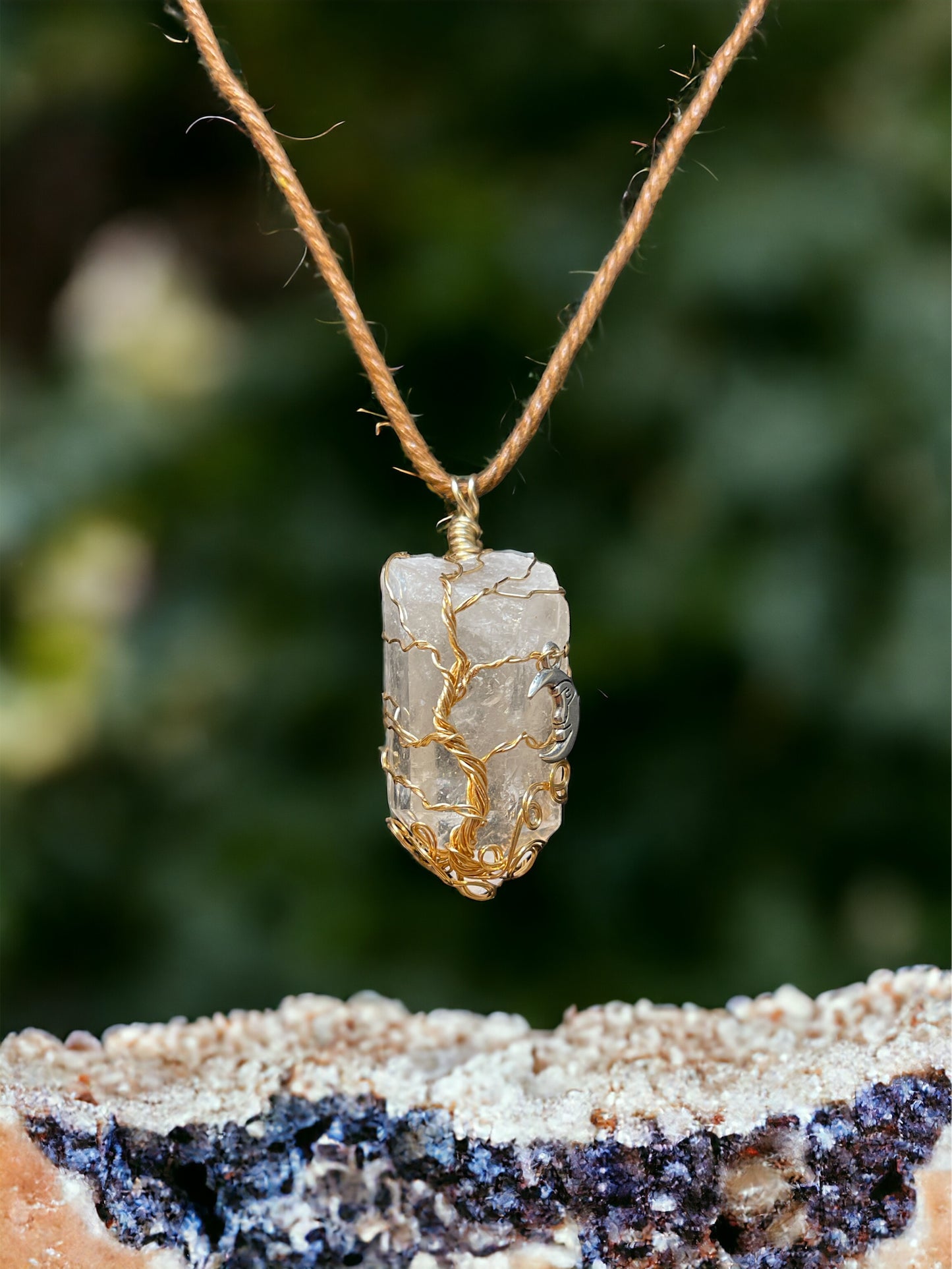 Large Raw Crystal Quartz, Tree of Life & moon charm